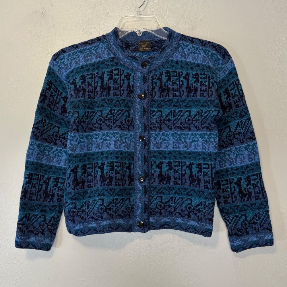 Artesania Cusco 100% Alpaca Wool Cardigan Sweater Blue Llama Pattern Peru Womens